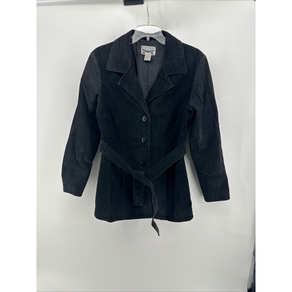 Highway Black Suede Leather Belted Jacket Womensβ Medium 3 Button Jacket